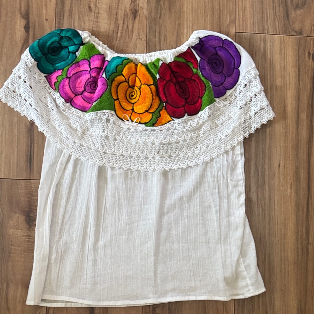 White Off-Shoulder Embroidered Floral Peasant Blouse